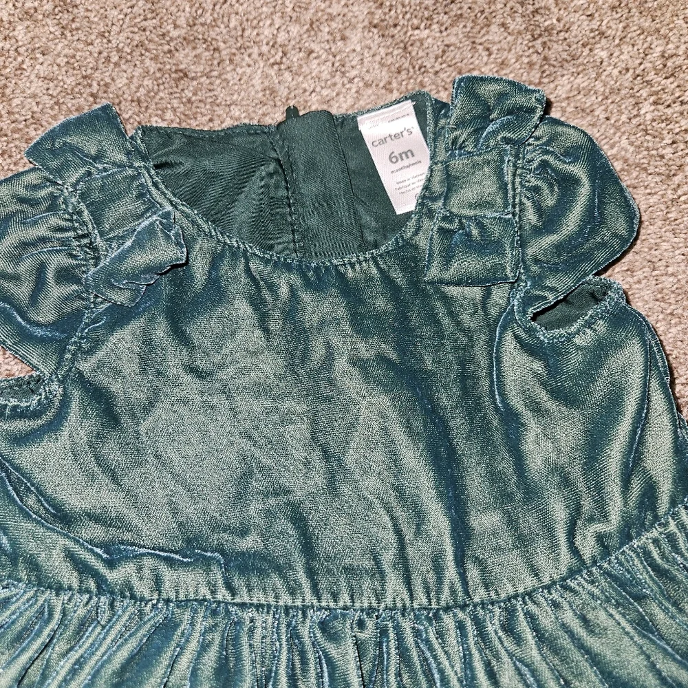 Carter's Emerald Green Velvet Baby Dress with Bow and Bloomers size 6M